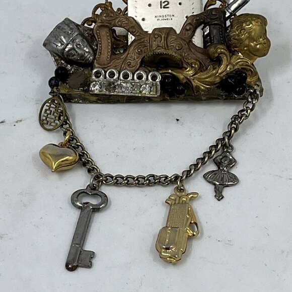 Vintage Maximal Art Collage Brooch Pin Mixed Materials Signed 80 Art Assemblage - Picture 6 of 11